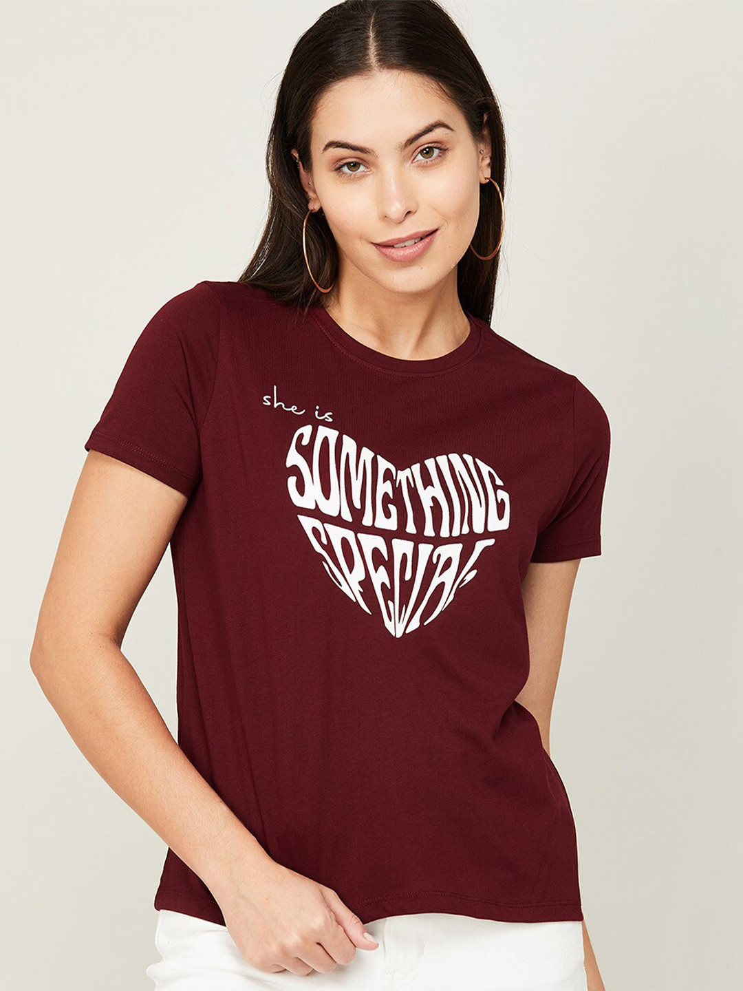 

Ginger by Lifestyle Women Maroon Typography Printed T-shirt, Magenta