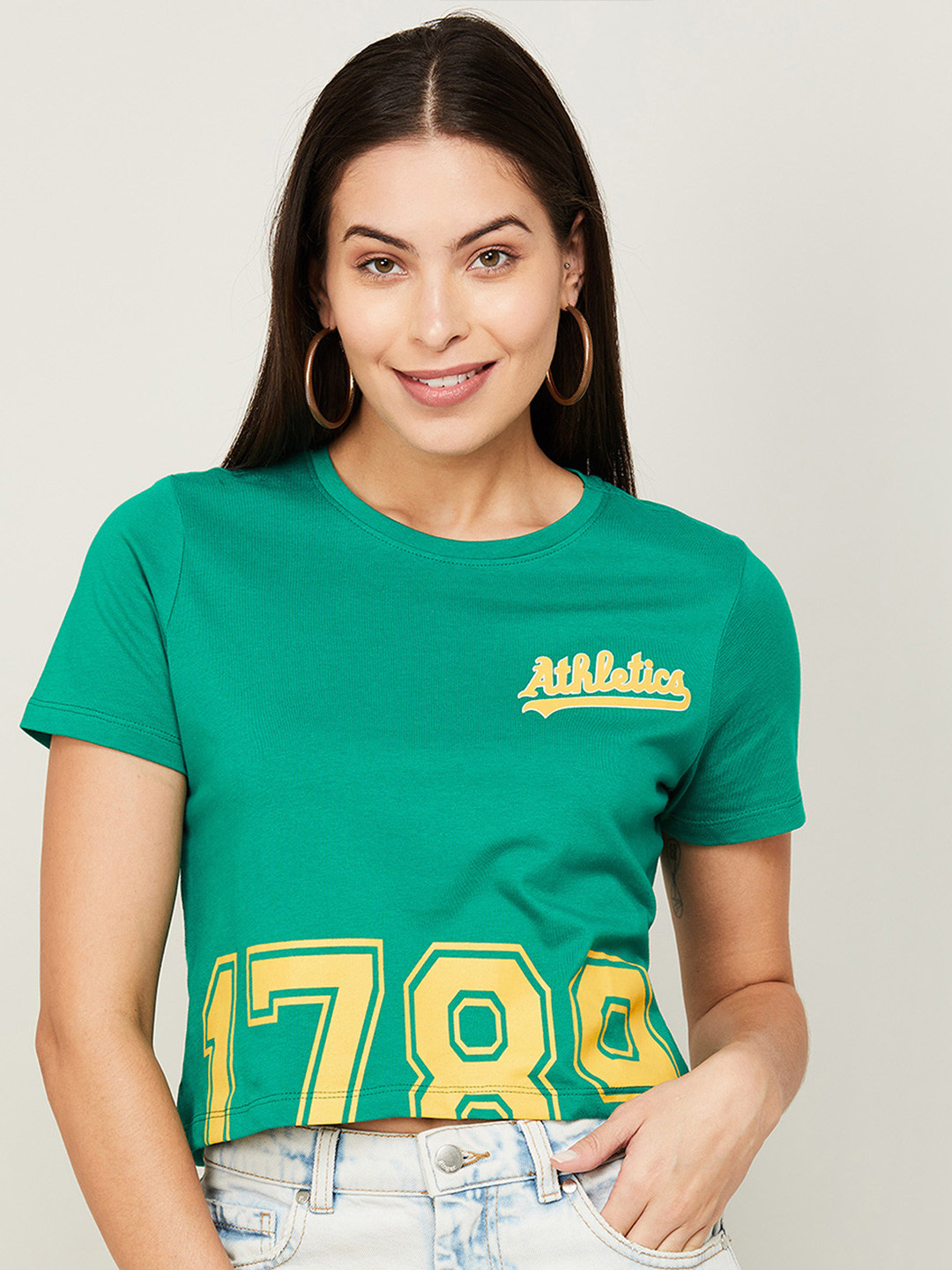 

Ginger by Lifestyle Women Green Printed Applique T-shirt