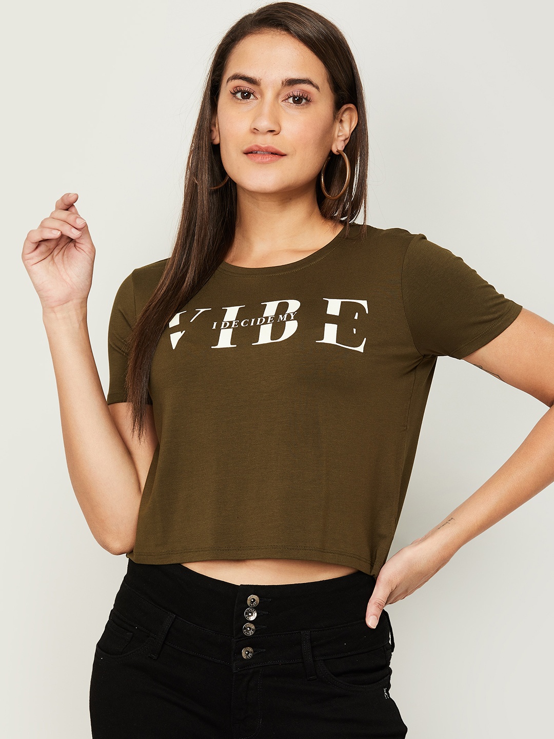 

Ginger by Lifestyle Women Olive Green Typography Applique T-shirt