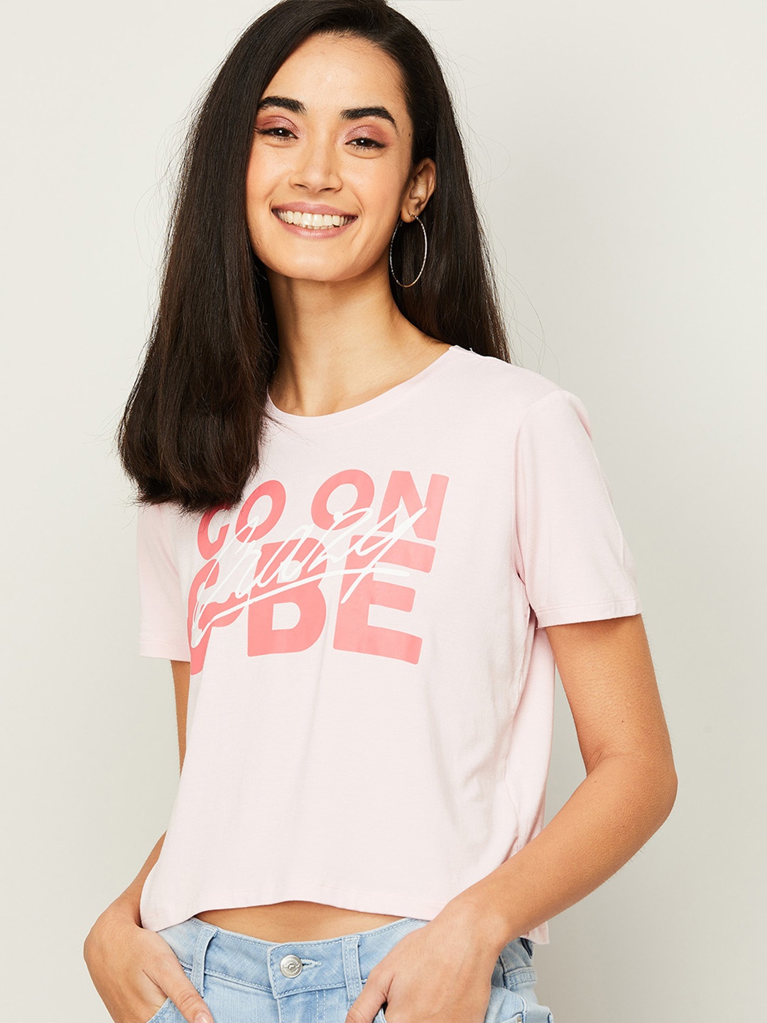 

Ginger by Lifestyle Women Pink Typography Printed T-shirt