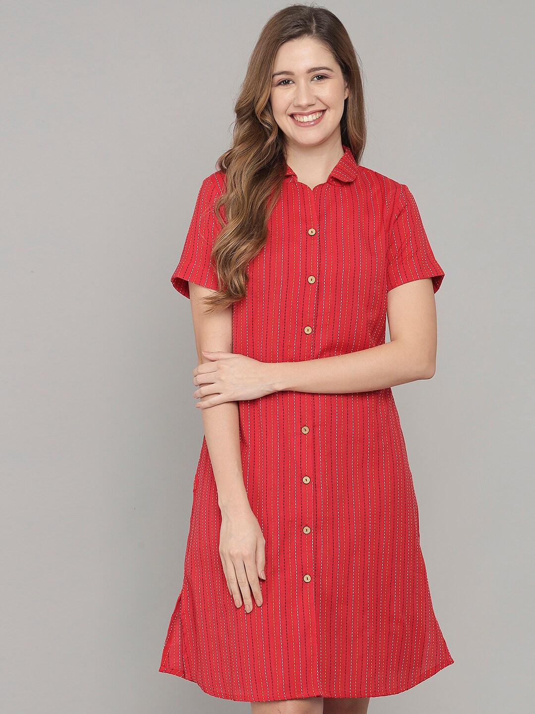 

Shararat Women Red Striped Knee Length Shirt Dress