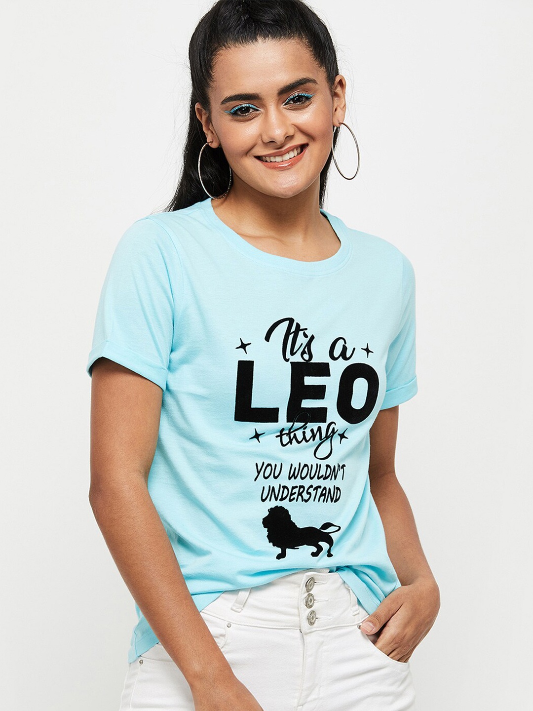 

max Women Blue Typography Printed T-shirt