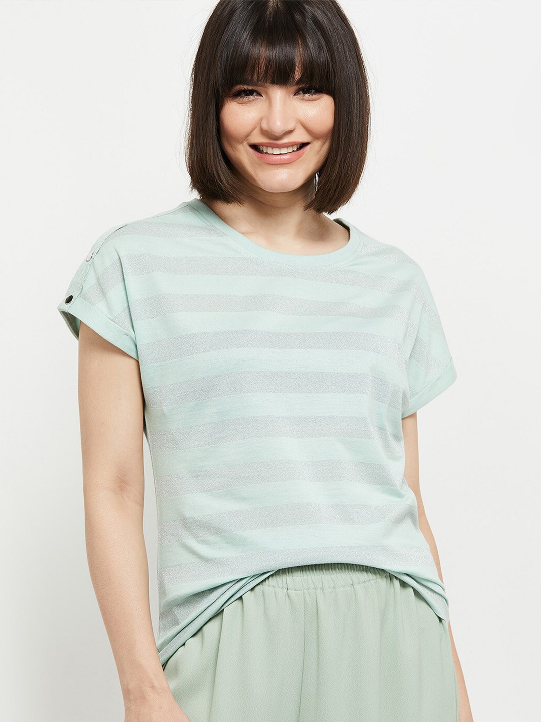 

max Women Plus Size Green Striped Extended Sleeves Cotton T-shirt