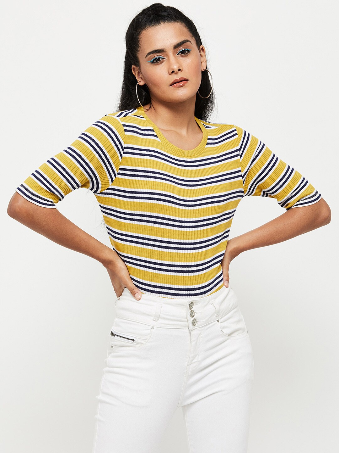 

max Women Yellow Striped T-shirt