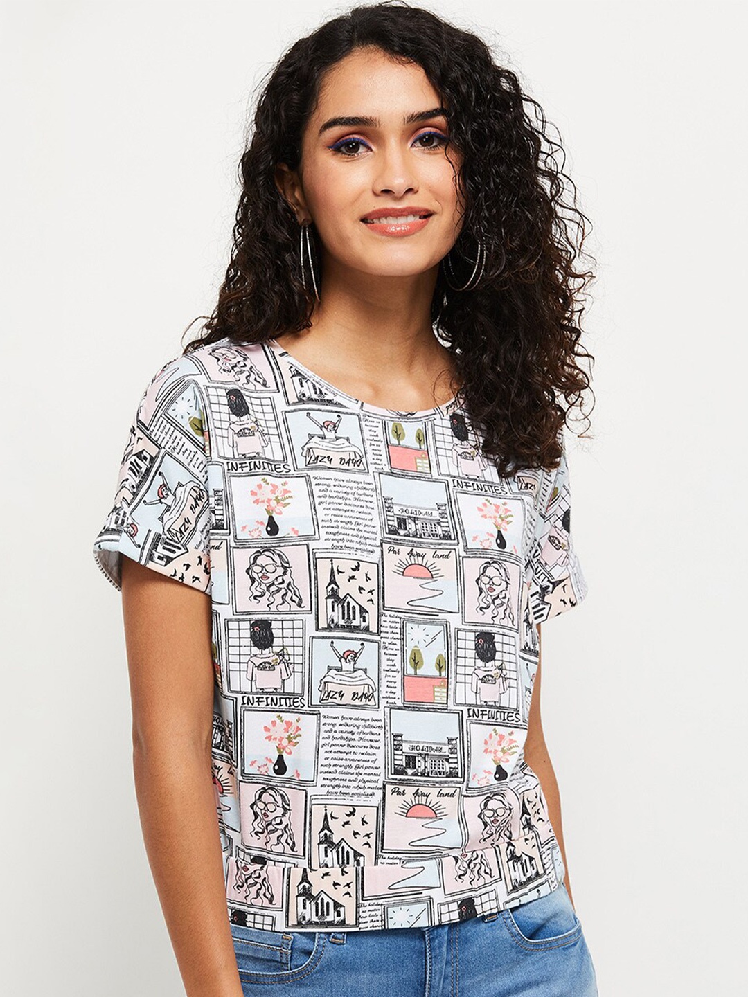 

max Women White & Black Conversational Comic Printed T-shirt