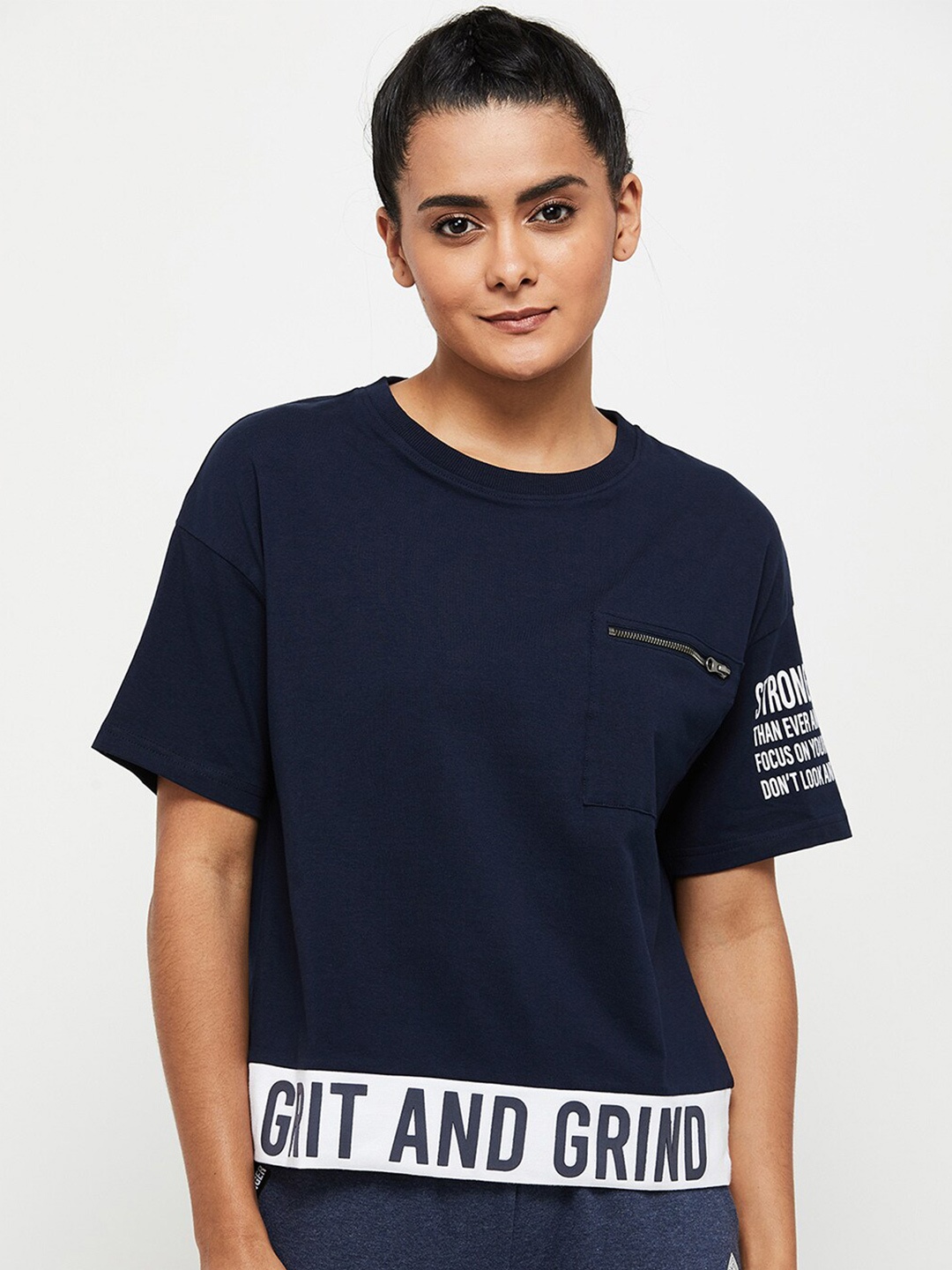 

max Women Navy Blue Typography Printed Cotton T-shirt