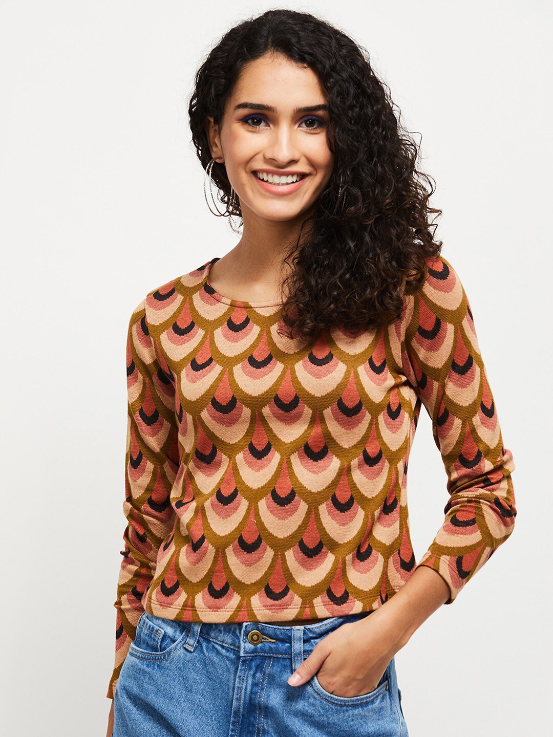 

max Women Multicoloured Printed Round Neck T-shirt, Multi