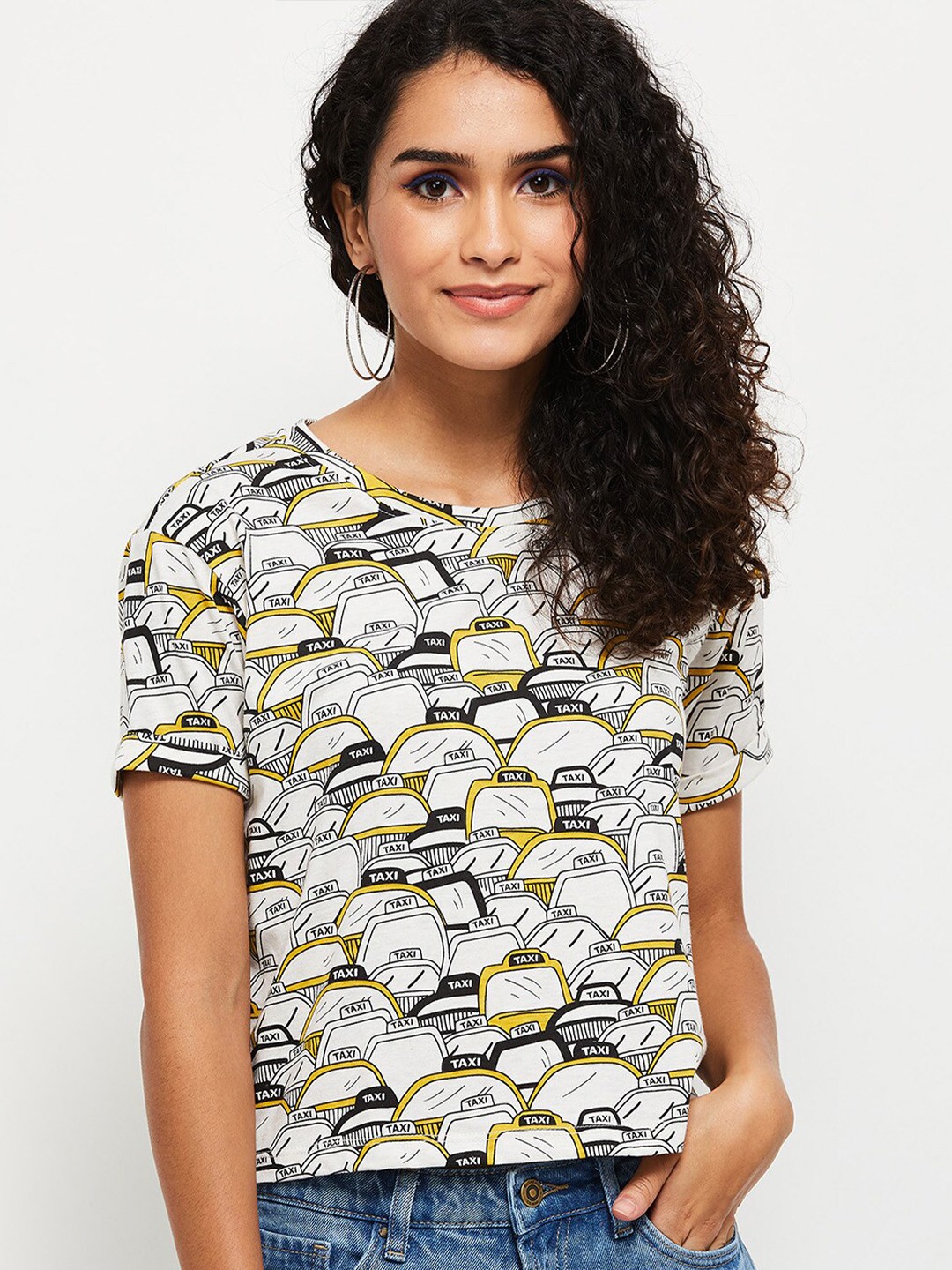 

max Women Beige Printed round neck with short sleeves T-shirt