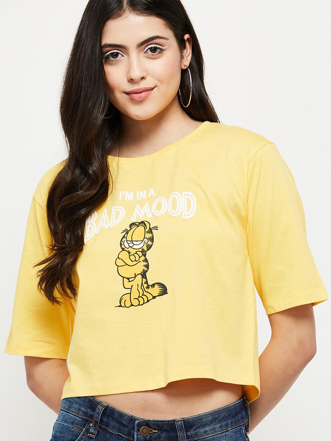 

max Women Yellow Printed Cotton T-shirt