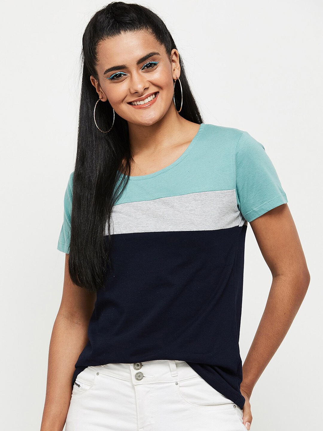 

max Women Green Raw Edge Pure Cotton T-shirt