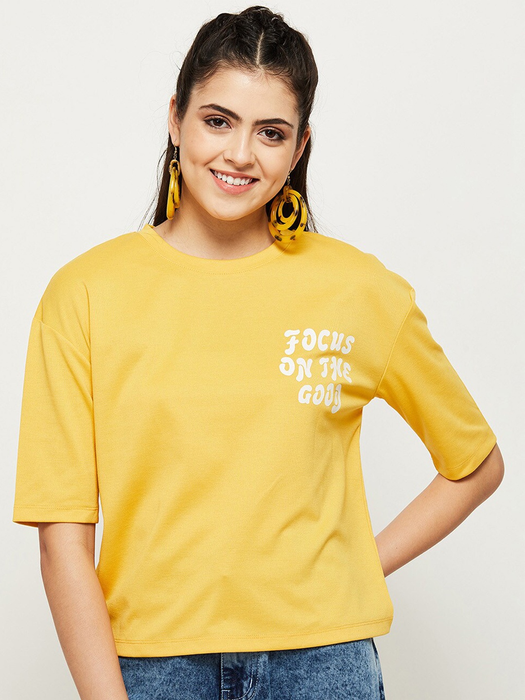 

max Women Mustard Yellow Typography Printed Drop-Shoulder Sleeves T-shirt