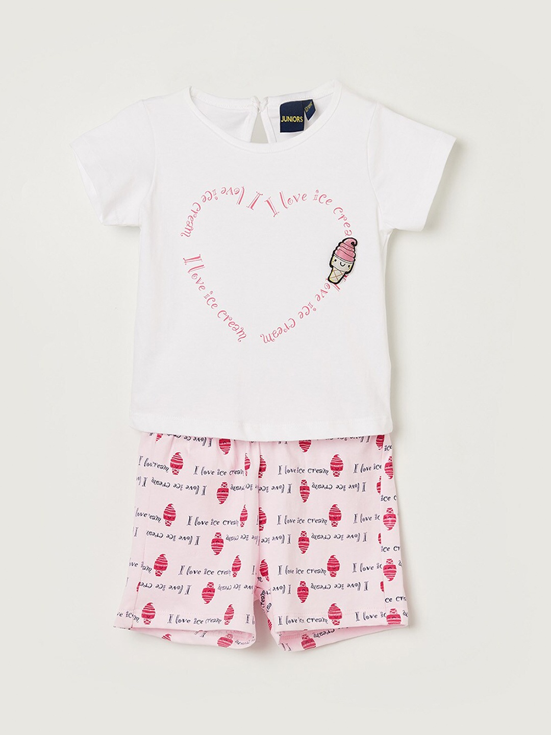 

Juniors by Lifestyle Girls White & Pink Printed Pure Cotton Night suit
