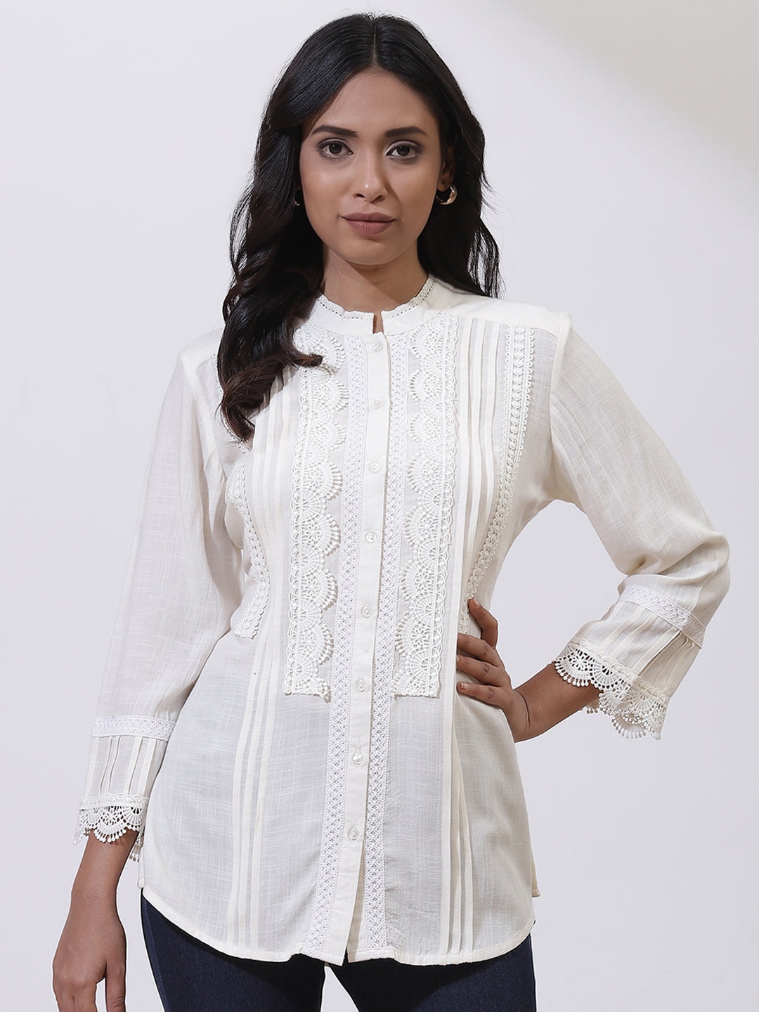 

Lakshita Women Off White Mandarin Collar Lace Shirt Style Top