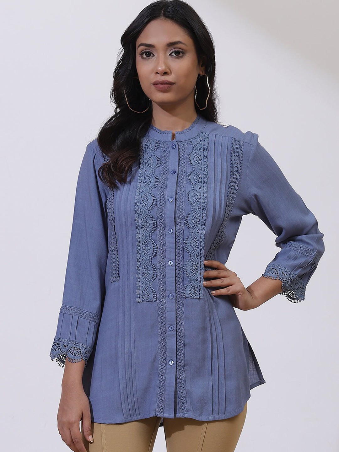 

Lakshita Blue Floral Mandarin Collar Lace Shirt Style Top