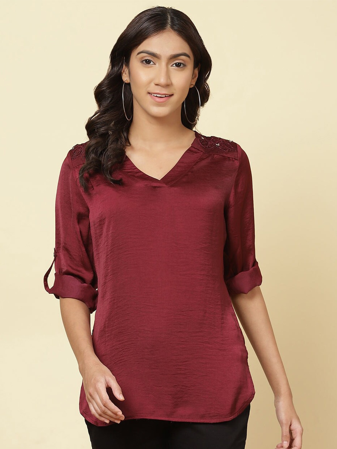 

Lakshita Burgundy Roll-Up Sleeves Satin Top