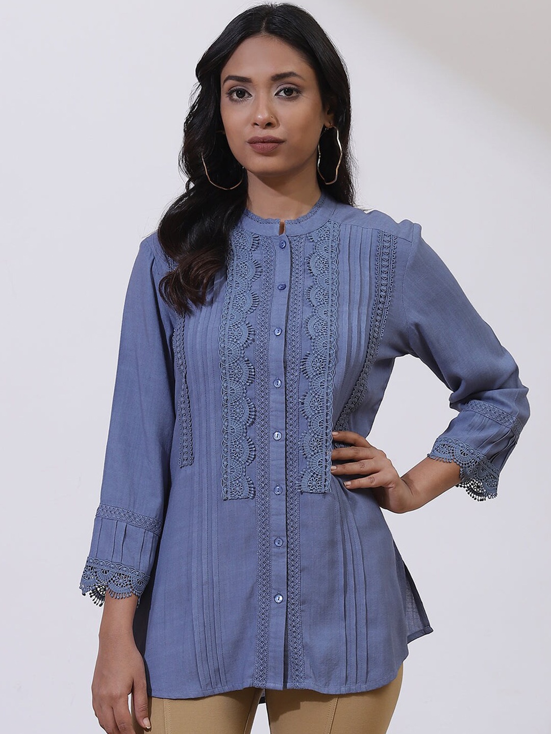 

Lakshita Blue Floral Mandarin Collar Lace Shirt Style Top