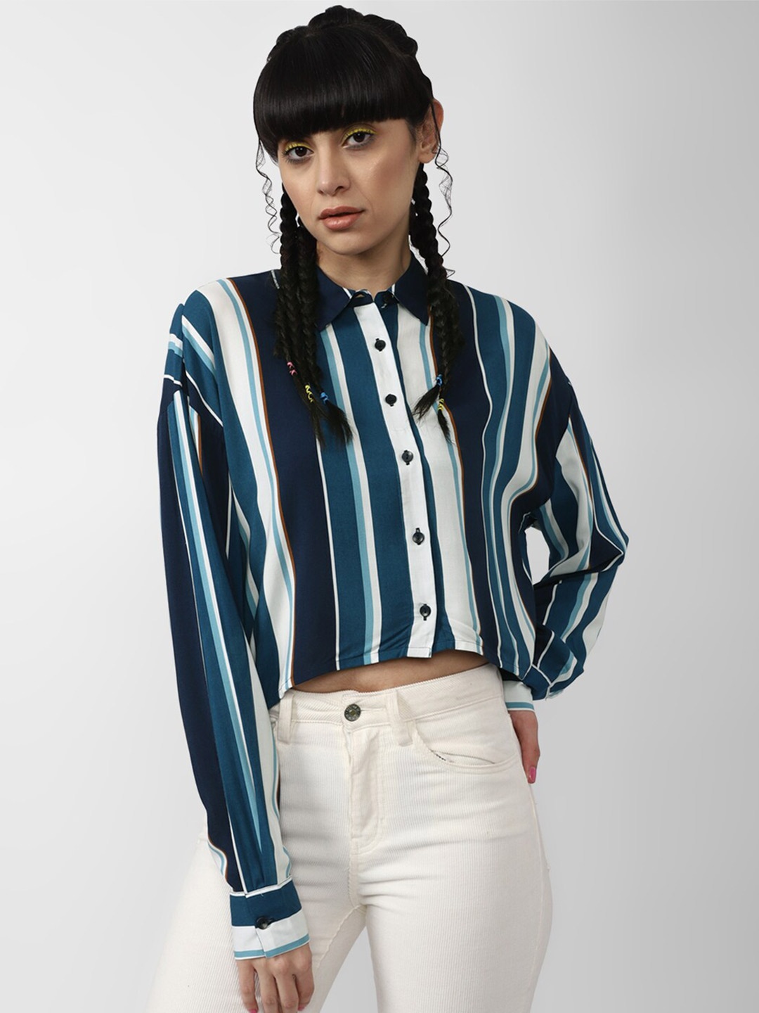 

FOREVER 21 Multicoloured Striped Shirt Style Crop Top, White