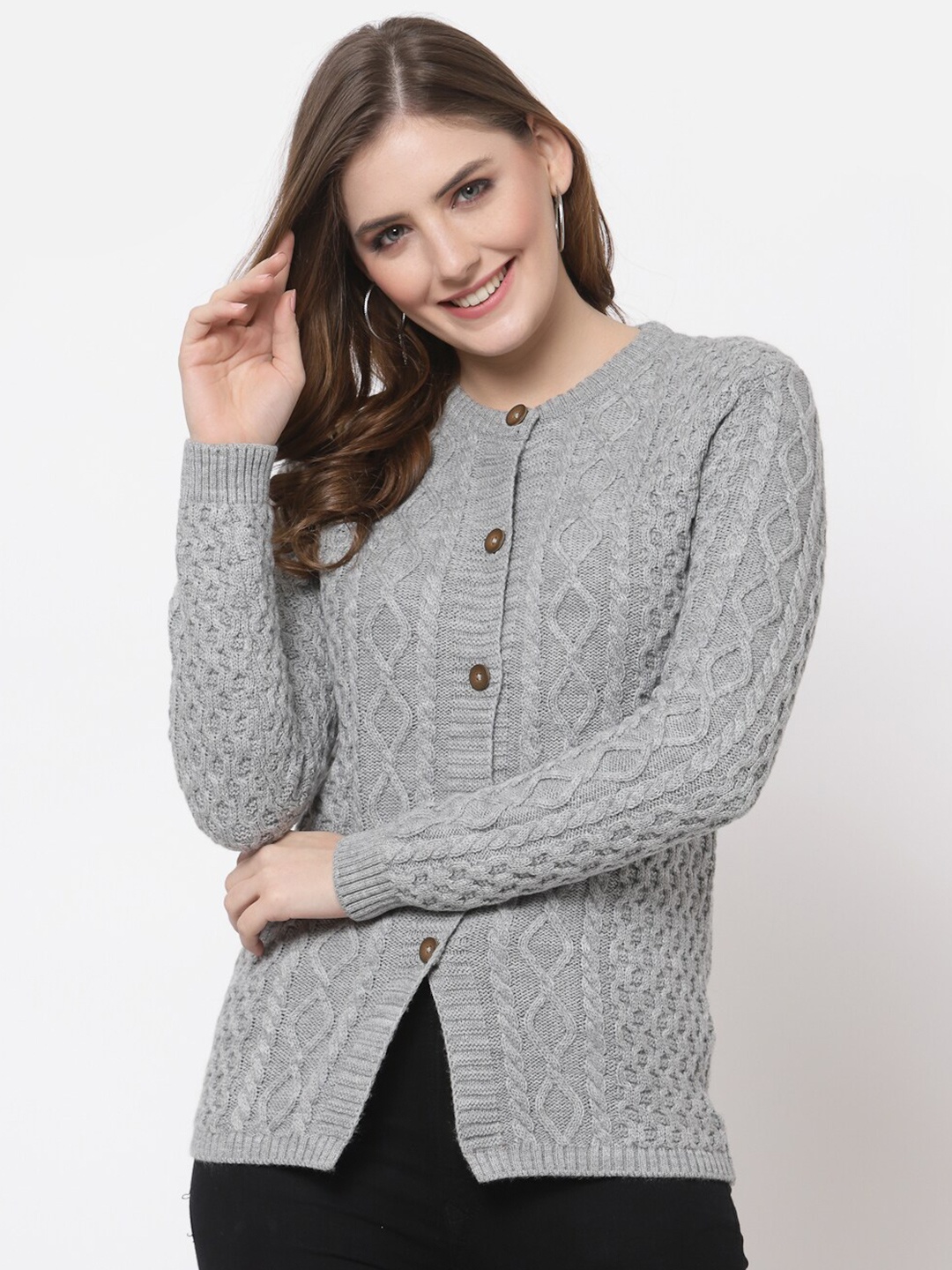 

Kalt Women Grey Round Neck Cable Knit Cardigan