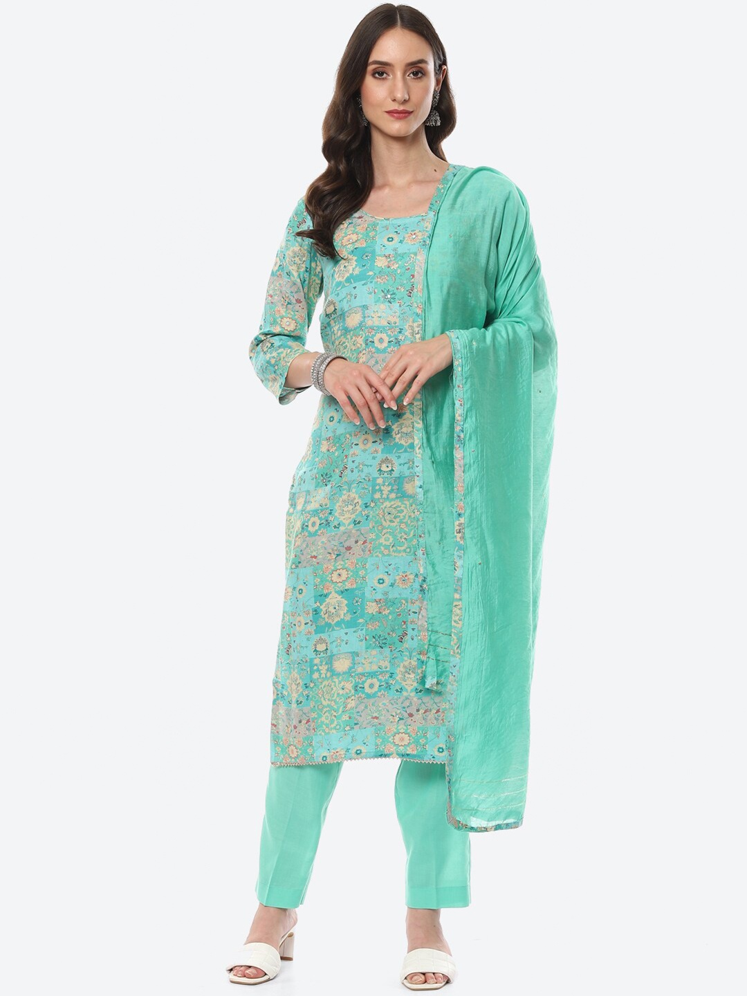 

Meena Bazaar Green & Gold-Toned Printed Pure Cotton Unstitched Dress Material