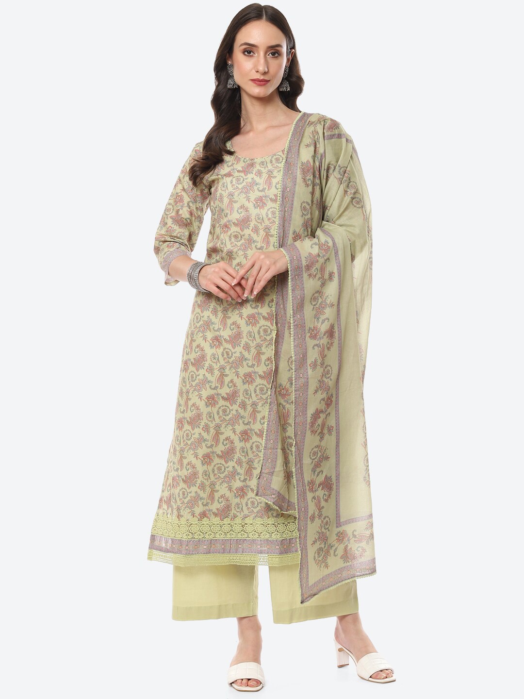 

Meena Bazaar Green & Yellow Printed Pure Cotton Unstitched Dress Material