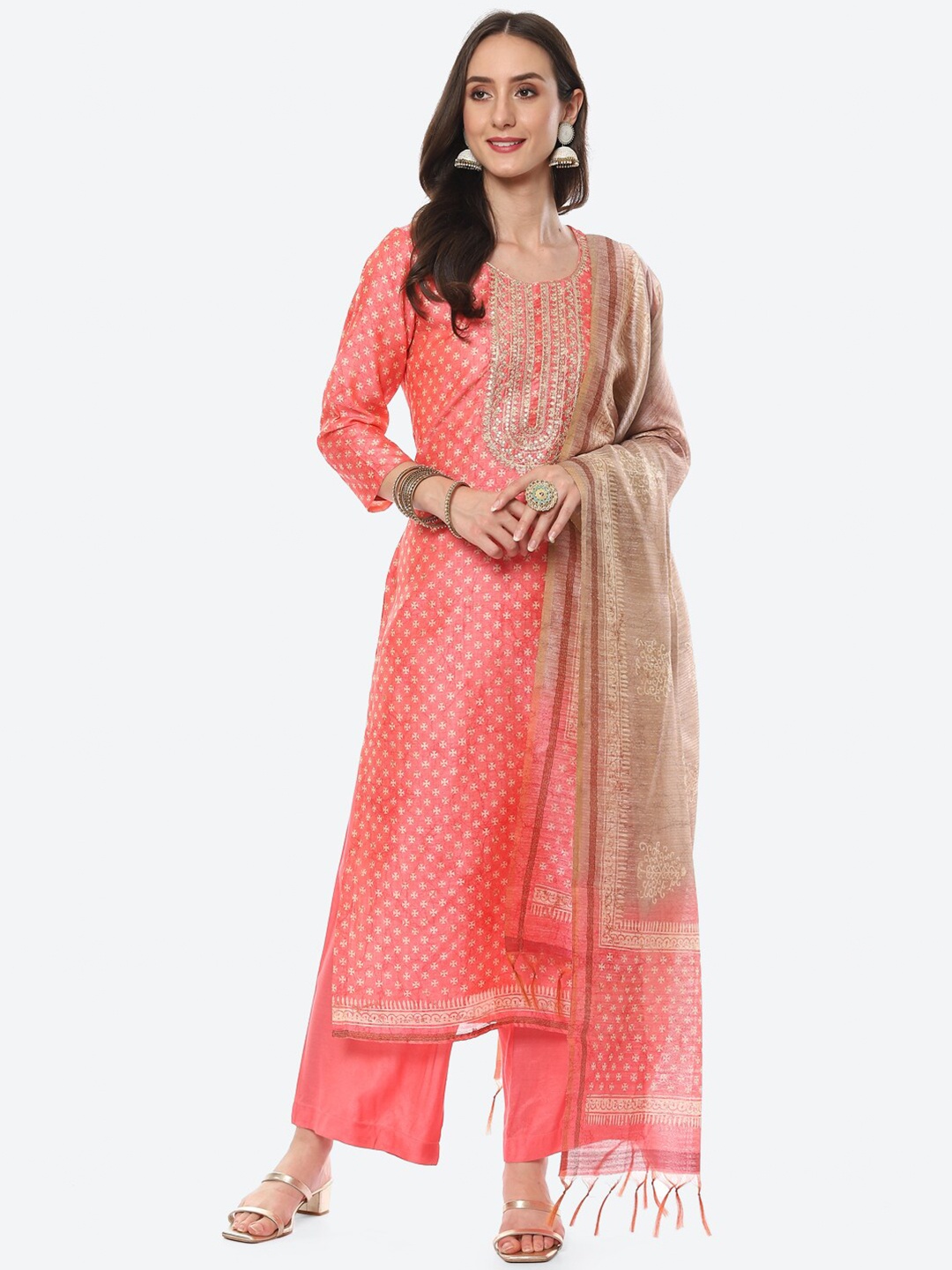 

Meena Bazaar Pink & Cream-Coloured Embroidered Unstitched Dress Material