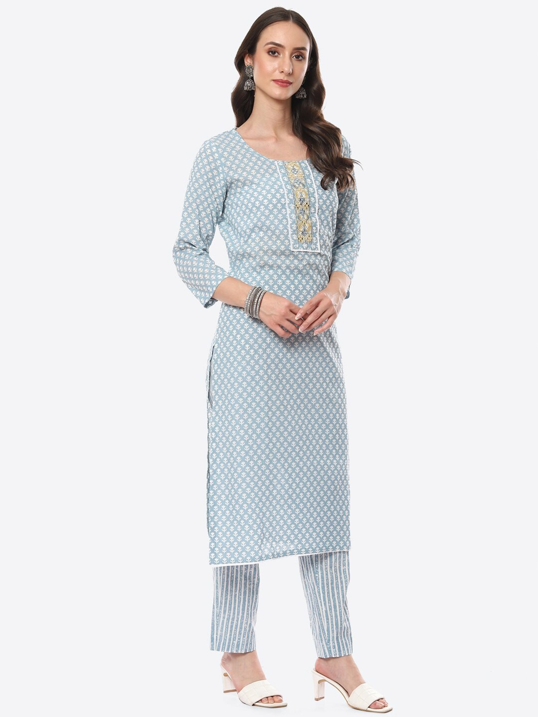

Meena Bazaar Blue & Off White Printed Pure Cotton Unstitched Dress Material