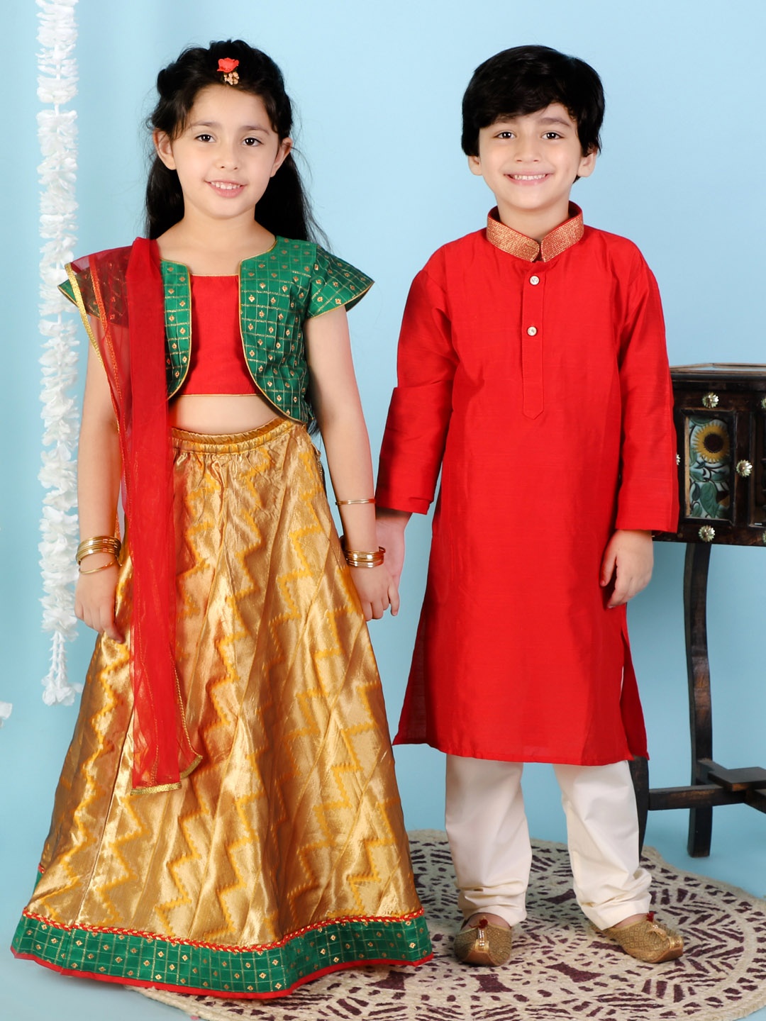 

KID1 Kids-Boys Red lace Collar Kurta Pyjama Set