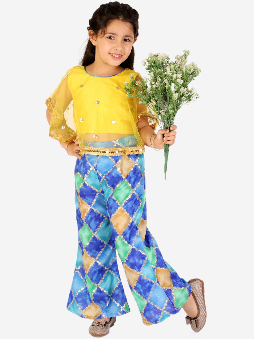 

KID1 Girls Yellow & Blue Printed Cape top with Palazzos