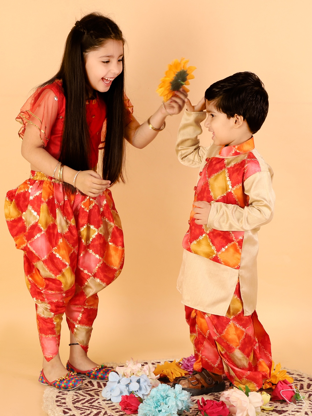 

KID1 Girls Red Printed Pleated Kurti with Dhoti Pants