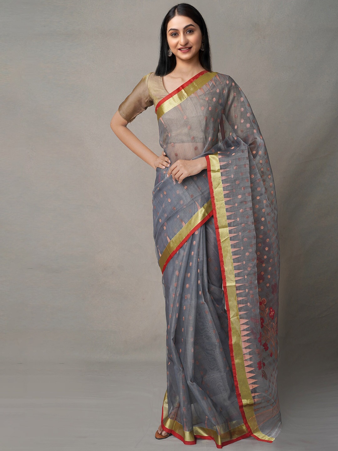 

Unnati Silks Grey & Gold-Toned Zari Organza Jamdani Handloom Saree