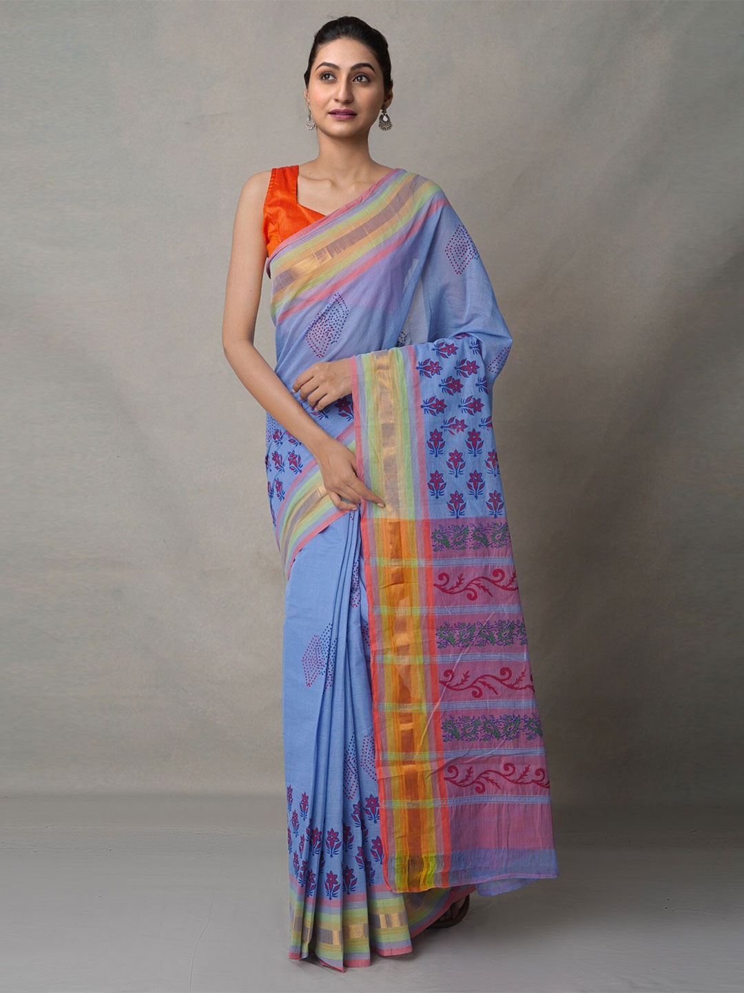 

Unnati Silks Women Blue & Pink Ethnic Motifs Zari Pure Cotton Mangalagiri Saree