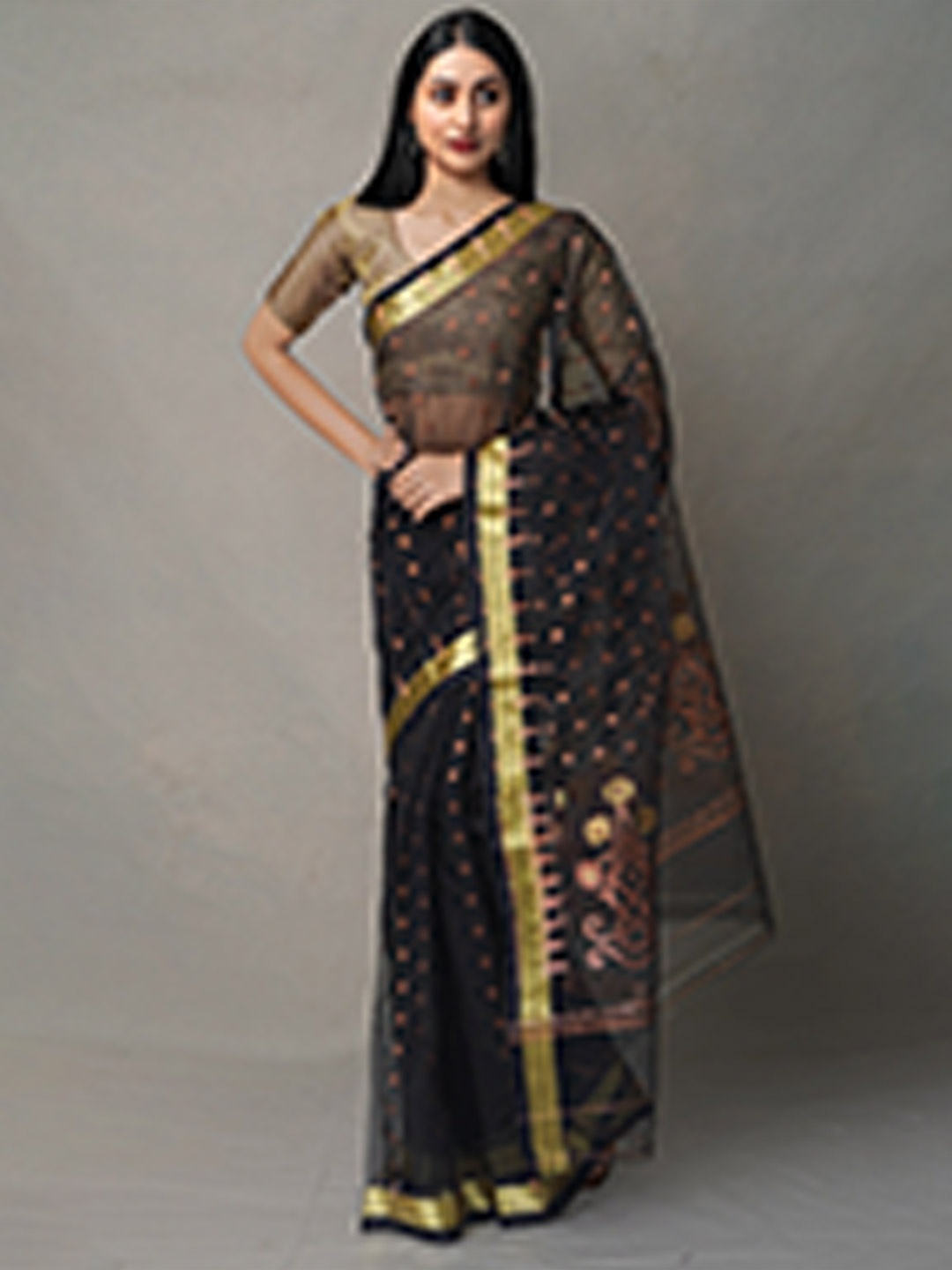 

Unnati Silks Black & Gold Woven Design Zari Organza Jamdani Saree