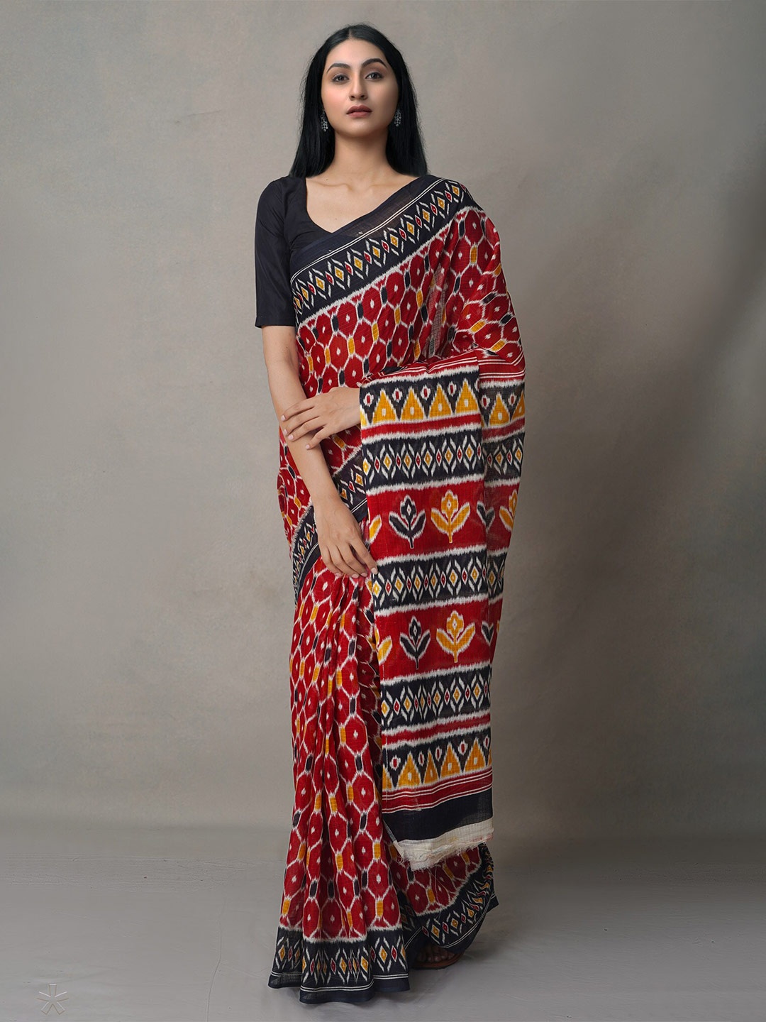 

Unnati Silks Maroon & Black Ethnic Motifs Pure Cotton Block Print Saree