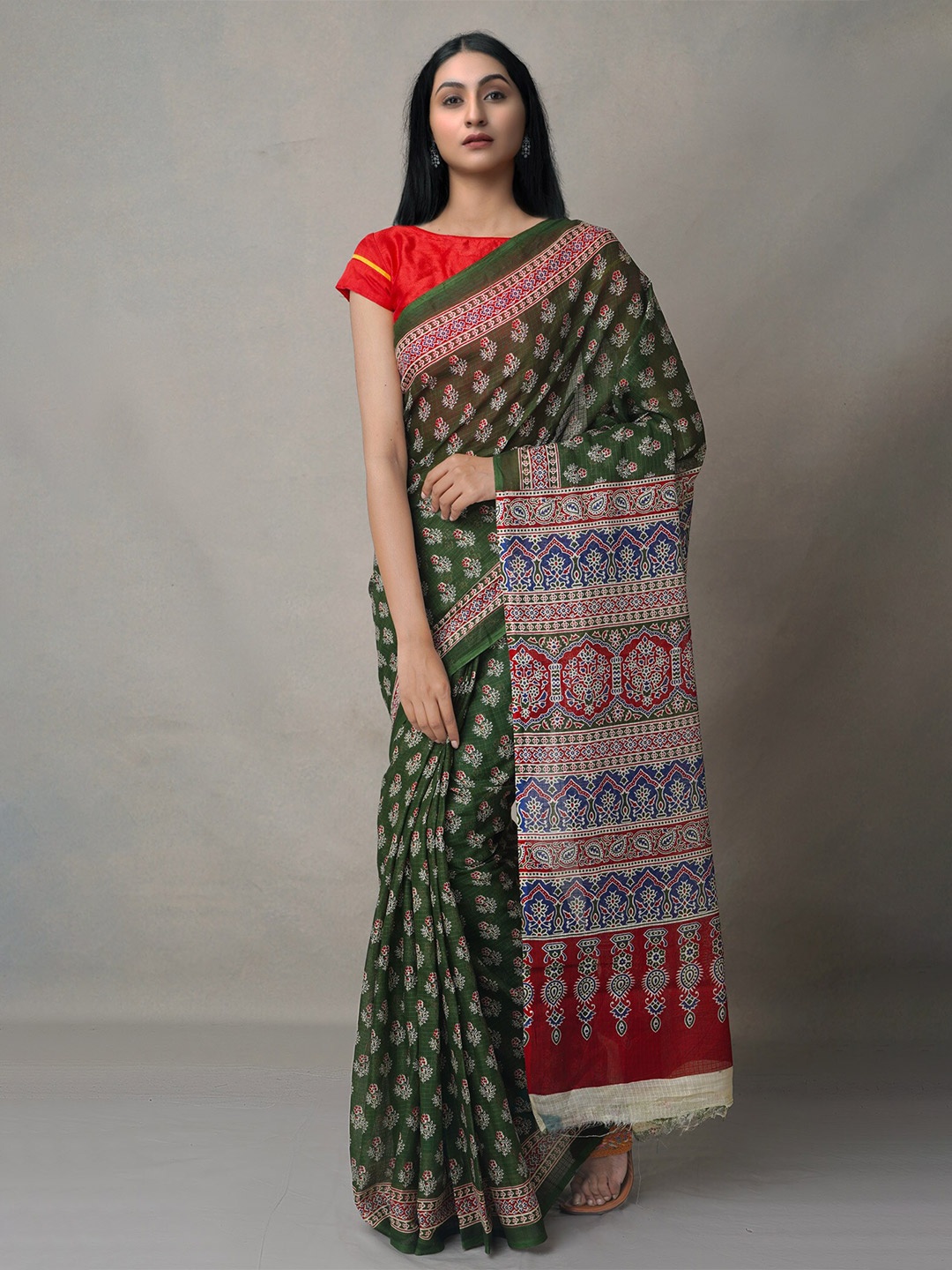 

Unnati Silks Green & Maroon Ethnic Motifs Pure Cotton Block Print Saree