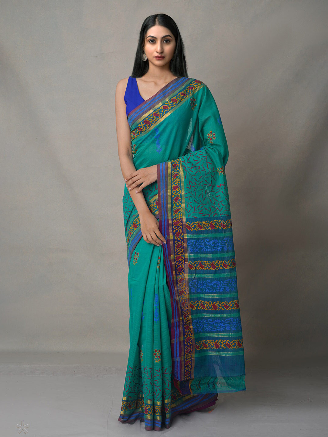 

Unnati Silks Green & Blue Ethnic Motifs Pure Cotton Mangalagiri Saree