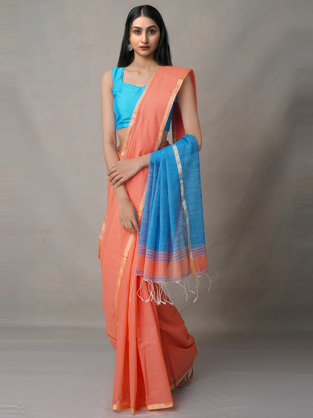 

Unnati Silks Orange & Blue Zari Pure Cotton Jamdani Saree