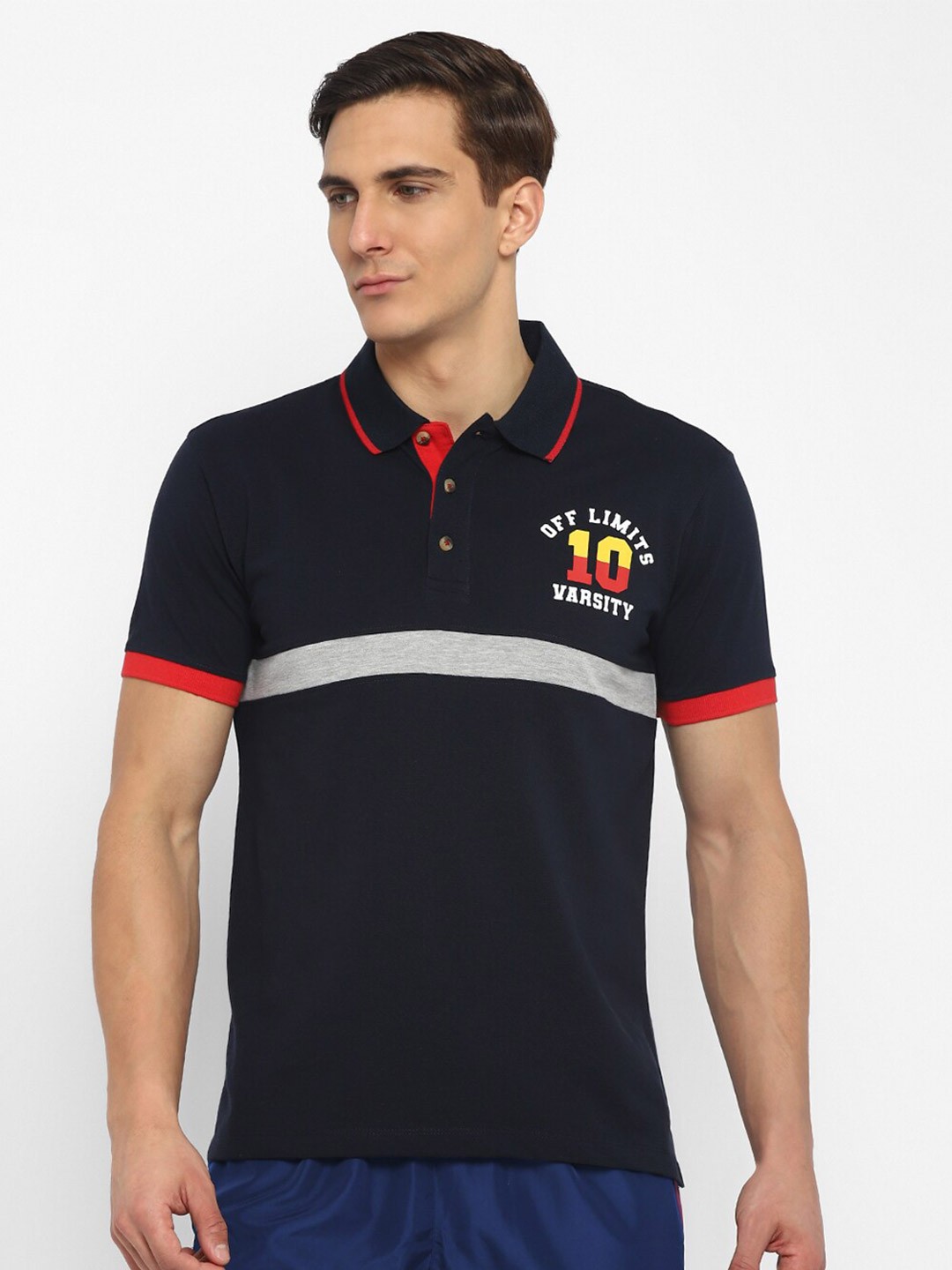 

OFF LIMITS Men Navy Blue & Grey Polo Collar T-shirt