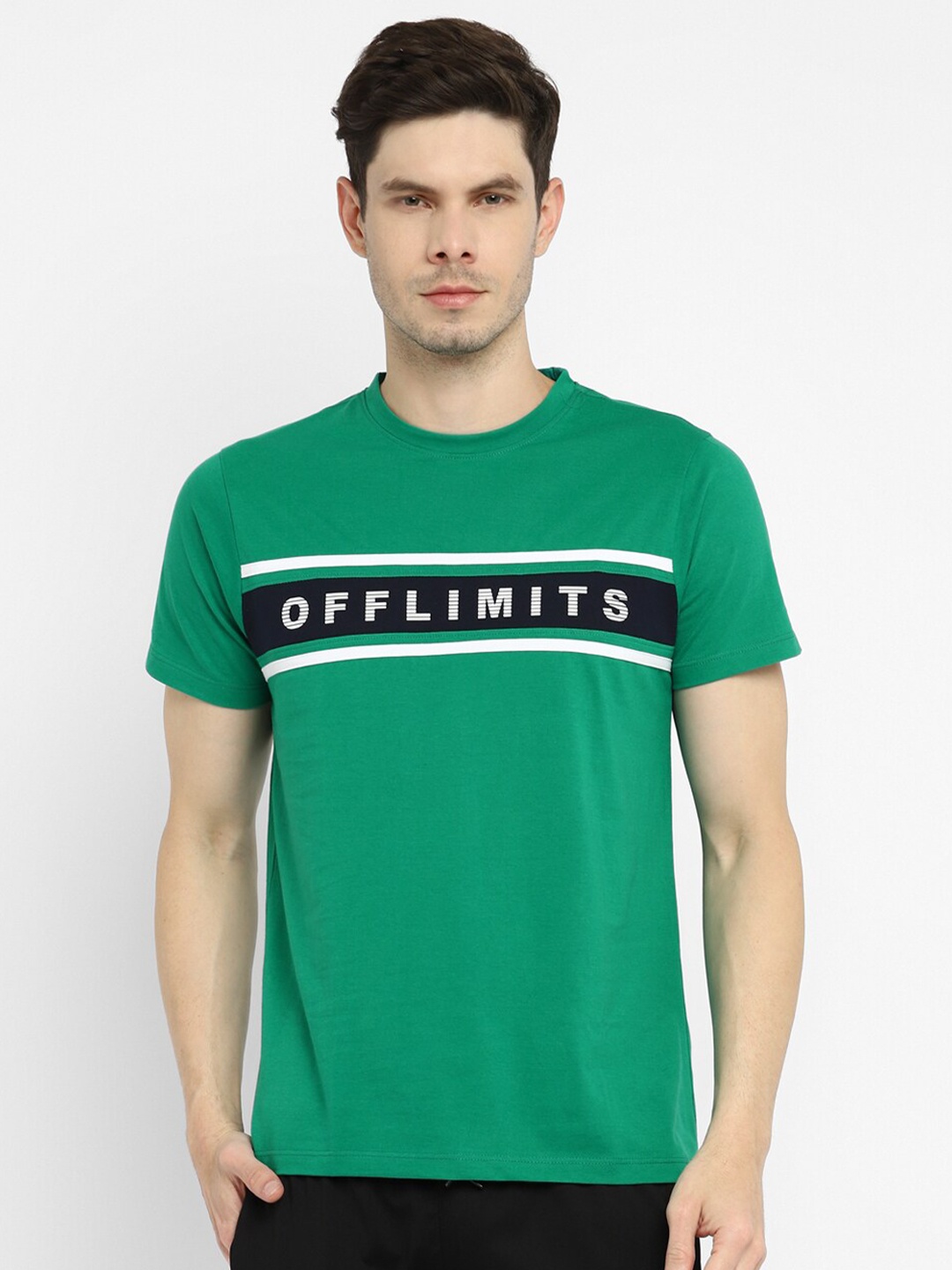 

OFF LIMITS Men cotton Green Typography Applique T-shirt
