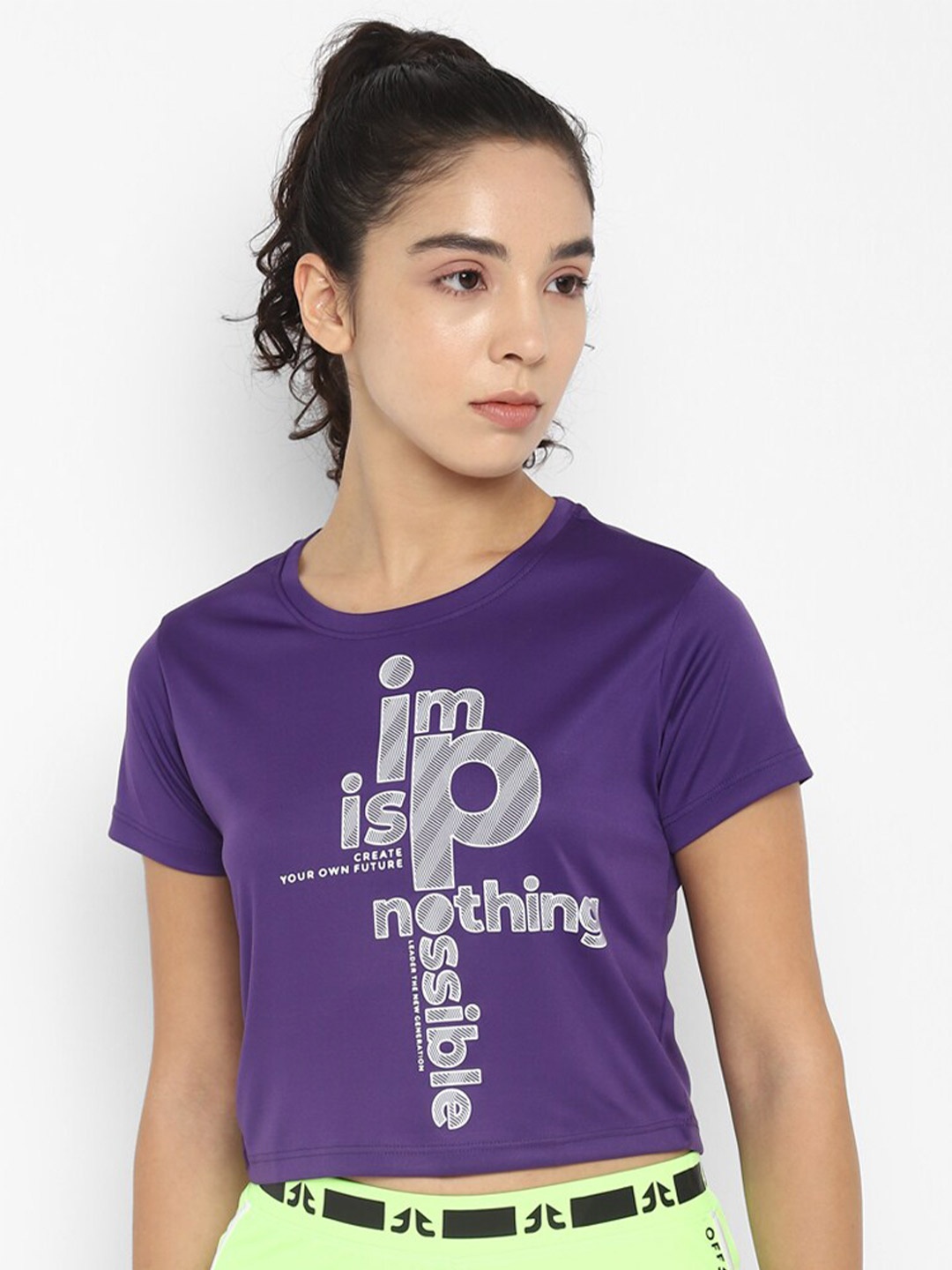 

OFF LIMITS Women Purple Typography Printed Training or Gym Crop T-shirt