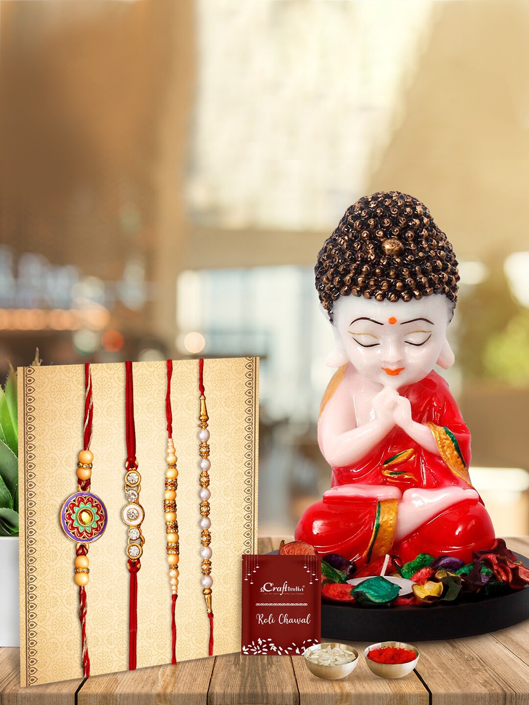 

eCraftIndia Set of 4 Pearl Rakhi & Buddha Statue, Multi