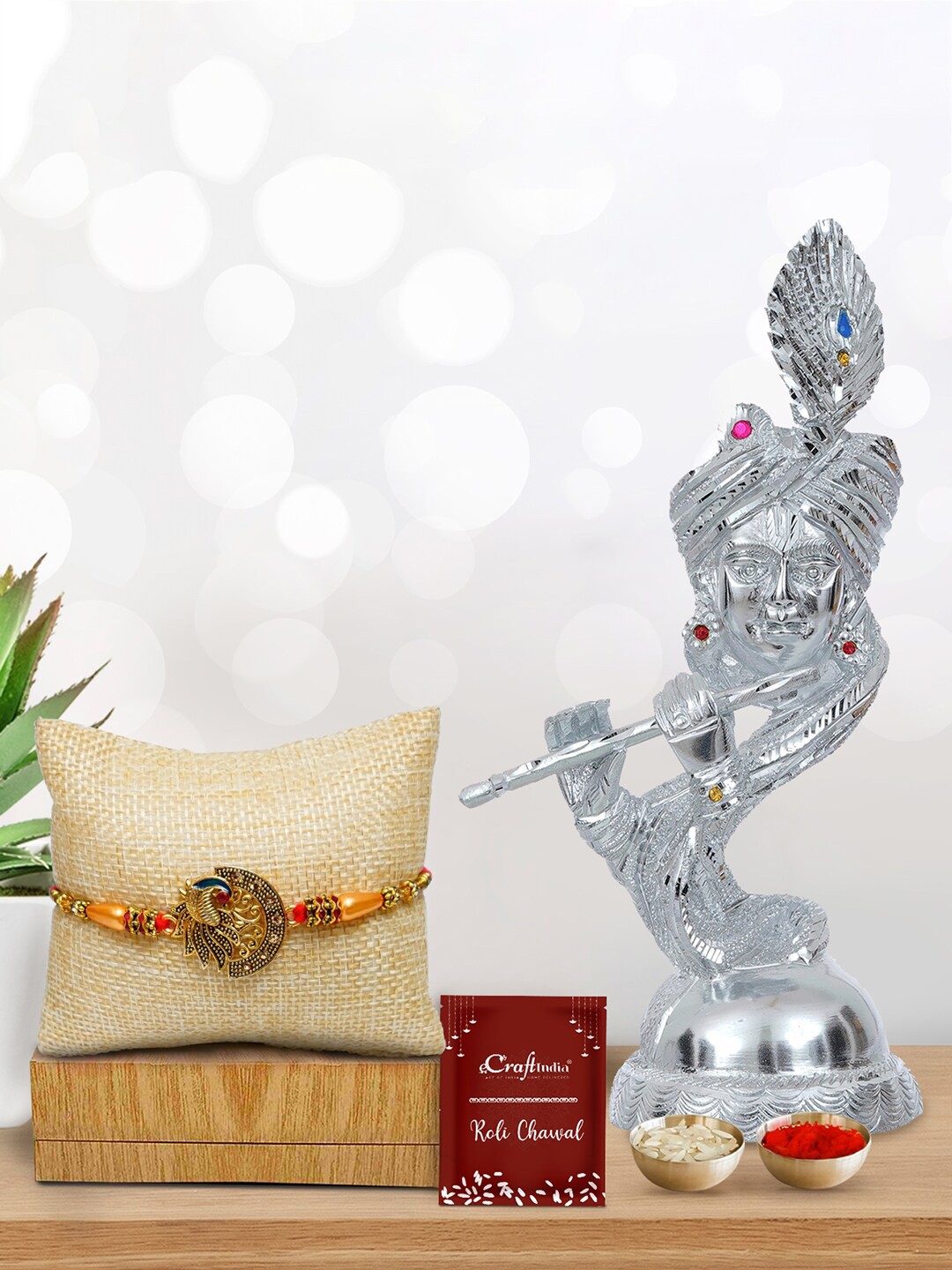 

eCraftIndia Red & Gold-Toned Stone-Studded Rakhi Gift Set