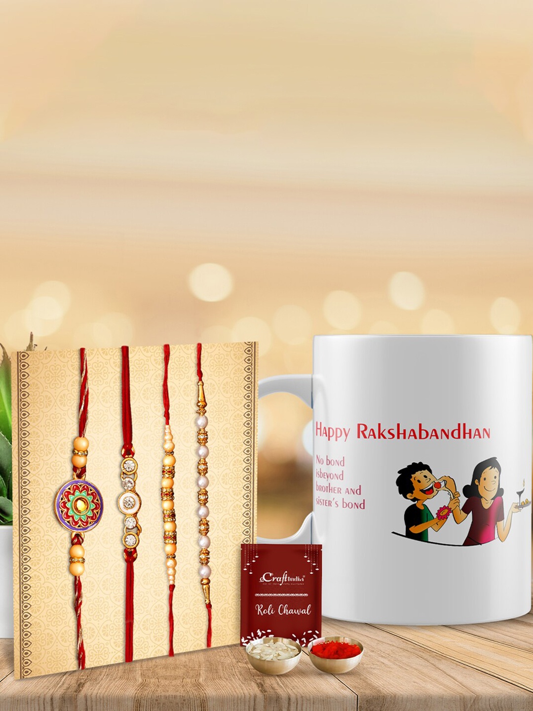 

eCraftIndia Red Pack of 4 Pearl Rakhis with Mug and Roli Chawal Pack,Greeting Card