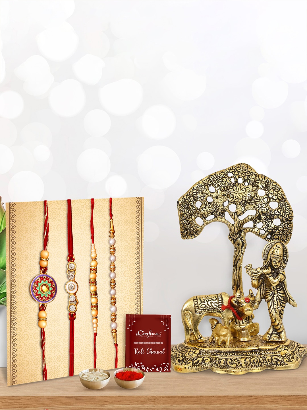 

eCraftIndia Red & Gold-Toned Stone-Studded Rakhi Gift Set