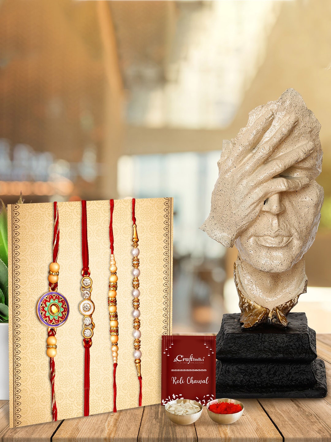 

eCraftIndia Unisex Set of 4 Beaded Rakhi Gift Set With Showpiece & Roli Chawal, Red