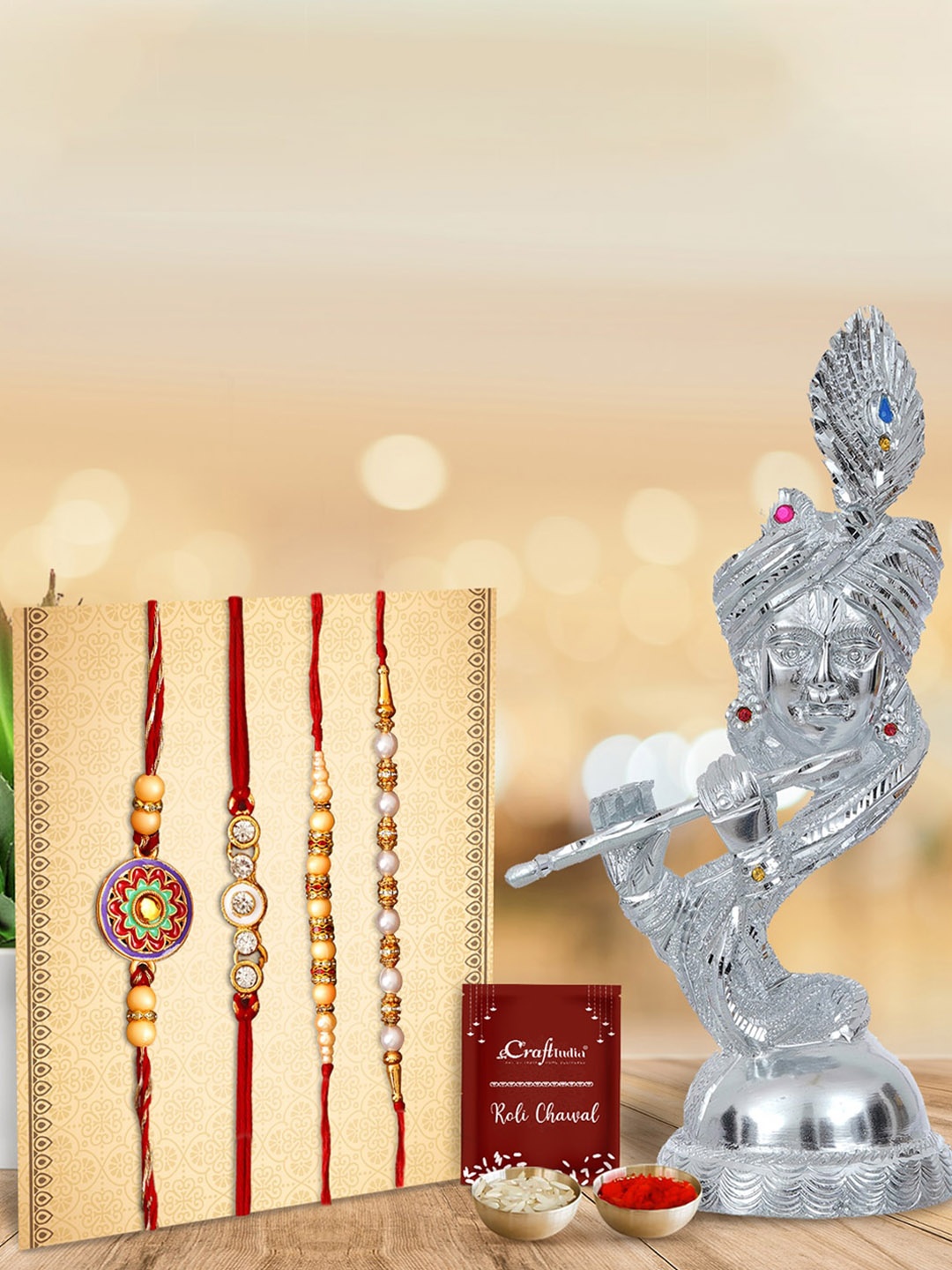 

eCraftIndia Set of 4 Rakhi Gold-Toned & Red Rakhi With Silver Lord Krishna Statue Set