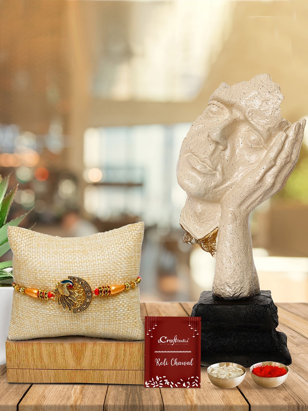 

ECraftIndia Red & Gold-Toned Stone-Studded Rakhi Gift Set