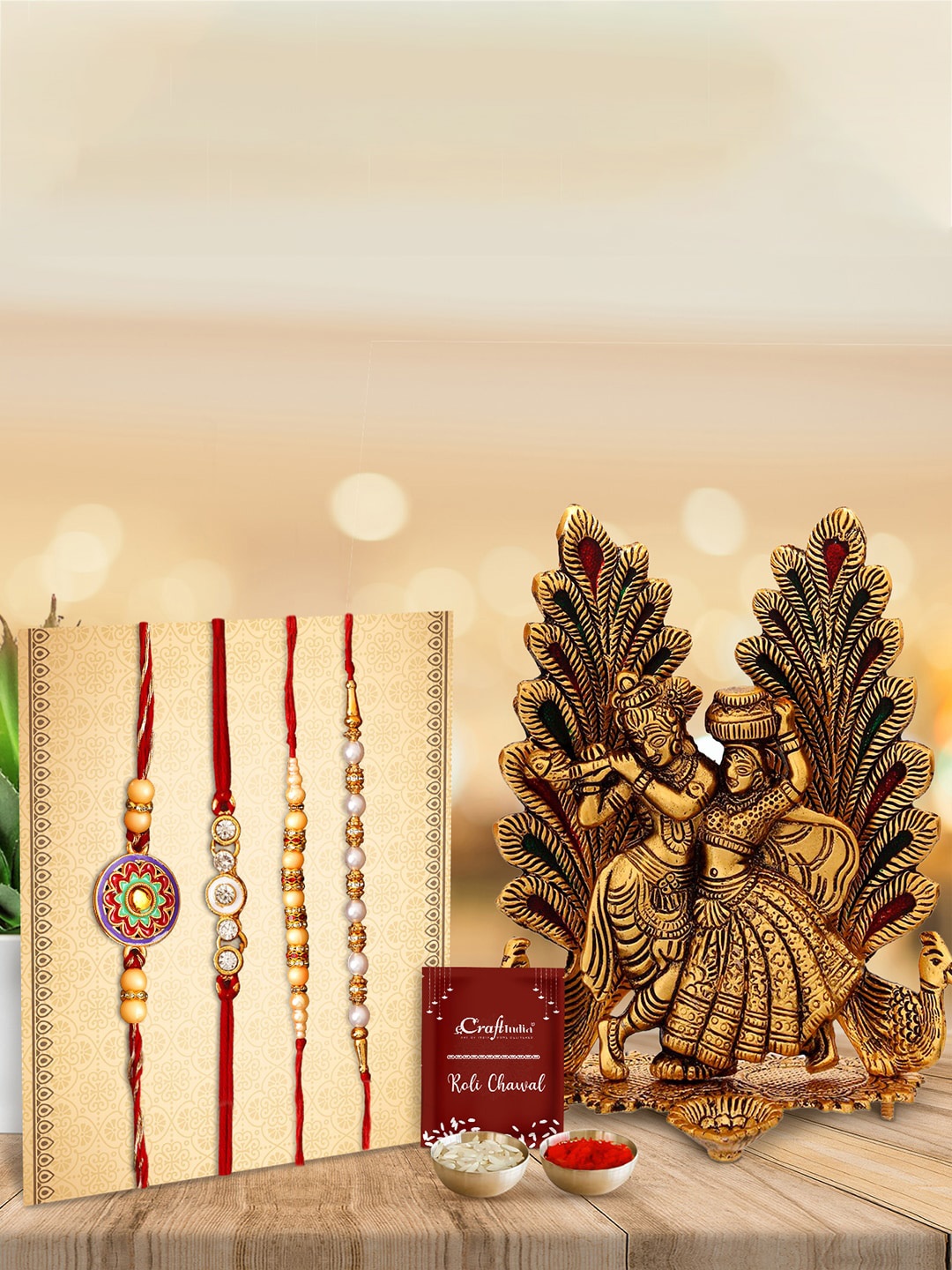 

eCraftIndia Set of 4 Beaded Rakhis & Radha Krishna Idol & Diya Roli Chawal & Greeting Card, Red