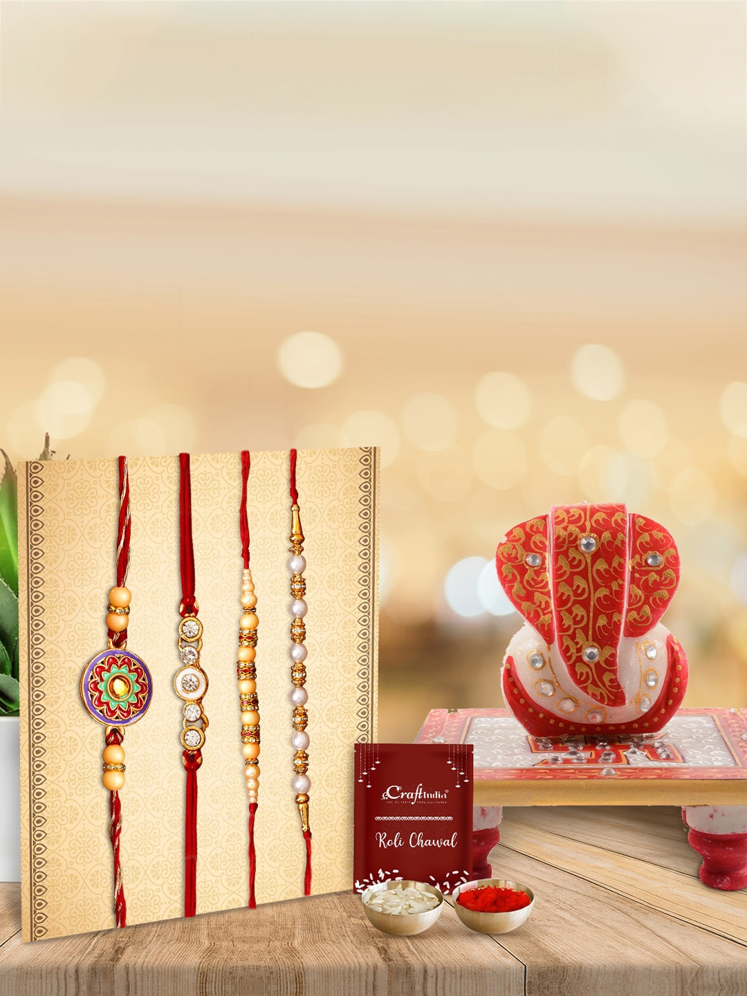 

eCraftIndia Set of 4 Rakhi Pack with chowki, Roli Chawal Pack, Greeting Card, Multi