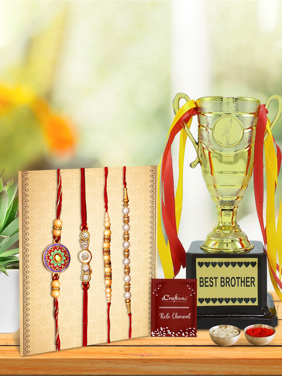 

eCraftIndia Unisex Set of 4 Beaded Rakhi Gift Set With Best Brother Trophy & Roli Chawal, Red