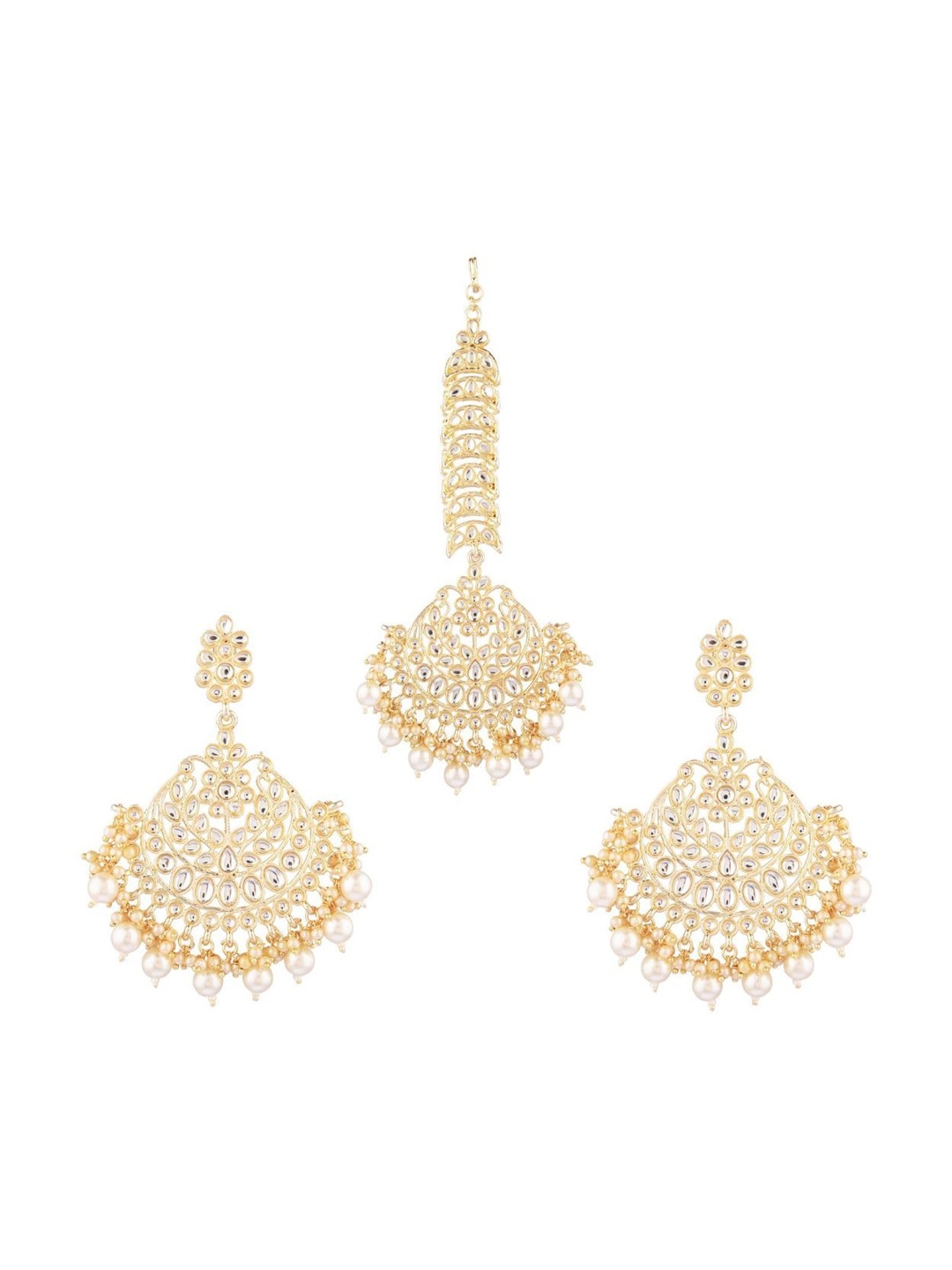 

Efulgenz White & Gold-Plated Beaded Traditional Maangtika & Earrings